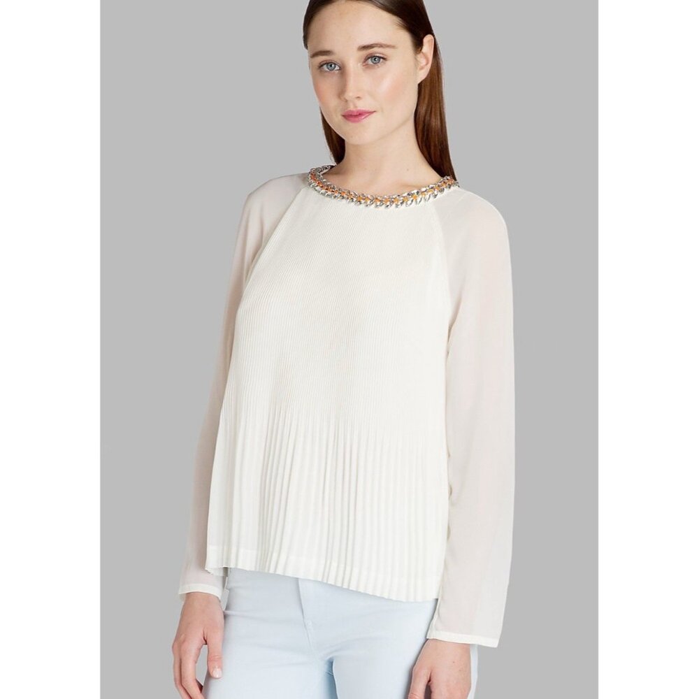 Ted Baker Pleated Chiffon Beaded Blouse Womens Sz 0 US 2 Top Party Career White‎